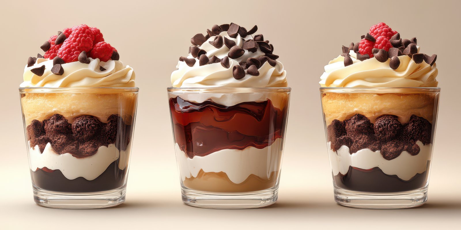 Delicious layered desserts in glass cups with cream, chocolate, and berries served at a cafe